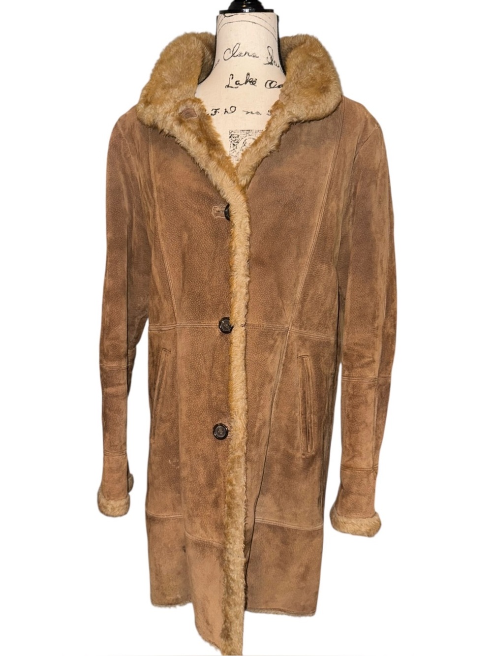 LONDON FOG Vintage 100% Genuine Leather     Faux-Shearling Long Coat Size Medium